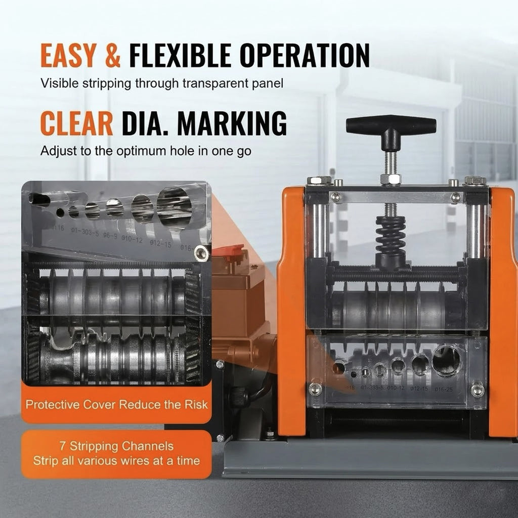 Electric Wire Stripper 0.06"-0.98", 60W Motorized with Clear Depth Gauge, 6 Circular &amp; 1 Flat Channels for Efficient Copper Recycling