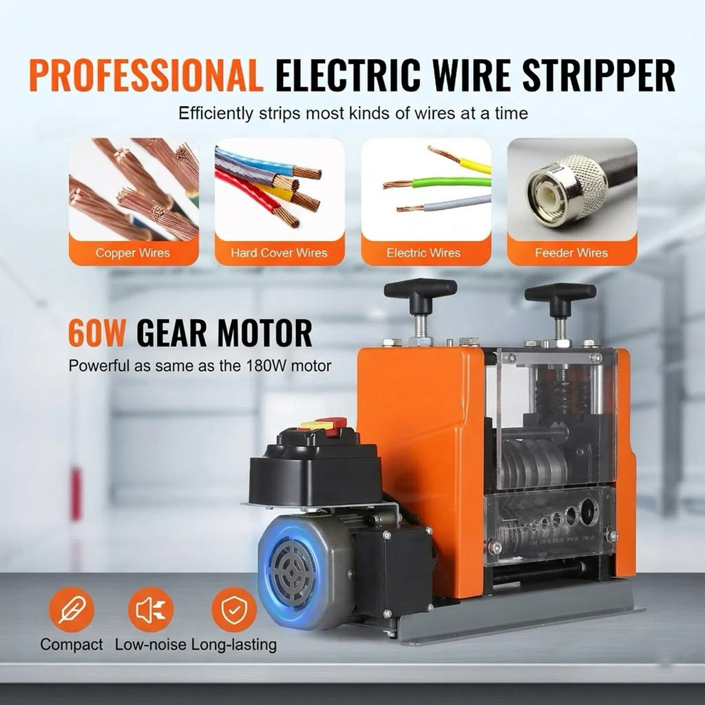 Electric Wire Stripper 0.06"-0.98", 60W Motorized with Clear Depth Gauge, 6 Circular &amp; 1 Flat Channels for Efficient Copper Recycling