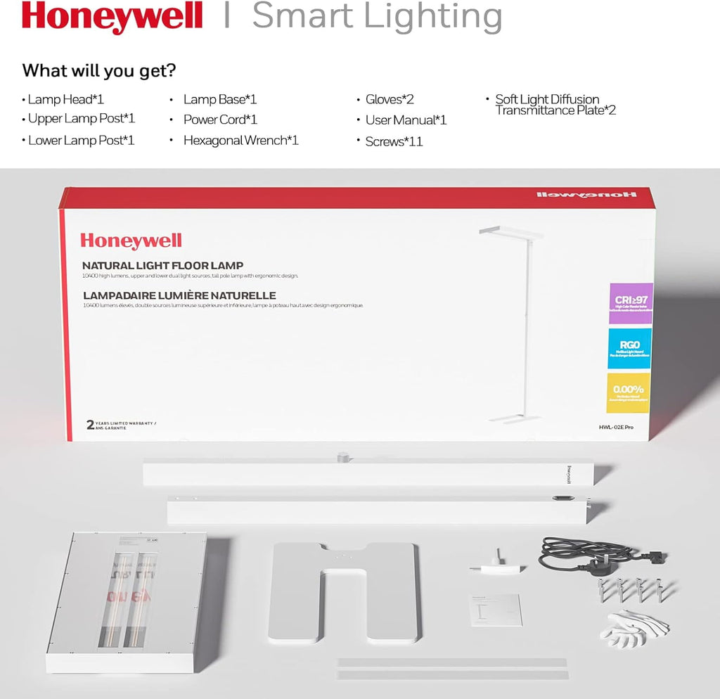 Honeywell LED Floor Lamp Modern - 02E GEN Sunturalux Eye Caring Tall Standing Light, 8000LM 4000K Natural Daylight Dimmable Reading Lampara for Home Office Living Room Bedroom