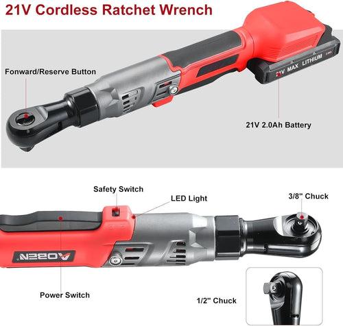 21V 1/2" Cordless Ratchet Wrench Kit-74 Ft-lbs Brushless  Power Ratchet with Variable Speed, 2X2000mAh Lithium- , , 8 Sockets, 1/4" &amp; 3/8" Adaptors, 3" Extension Bar