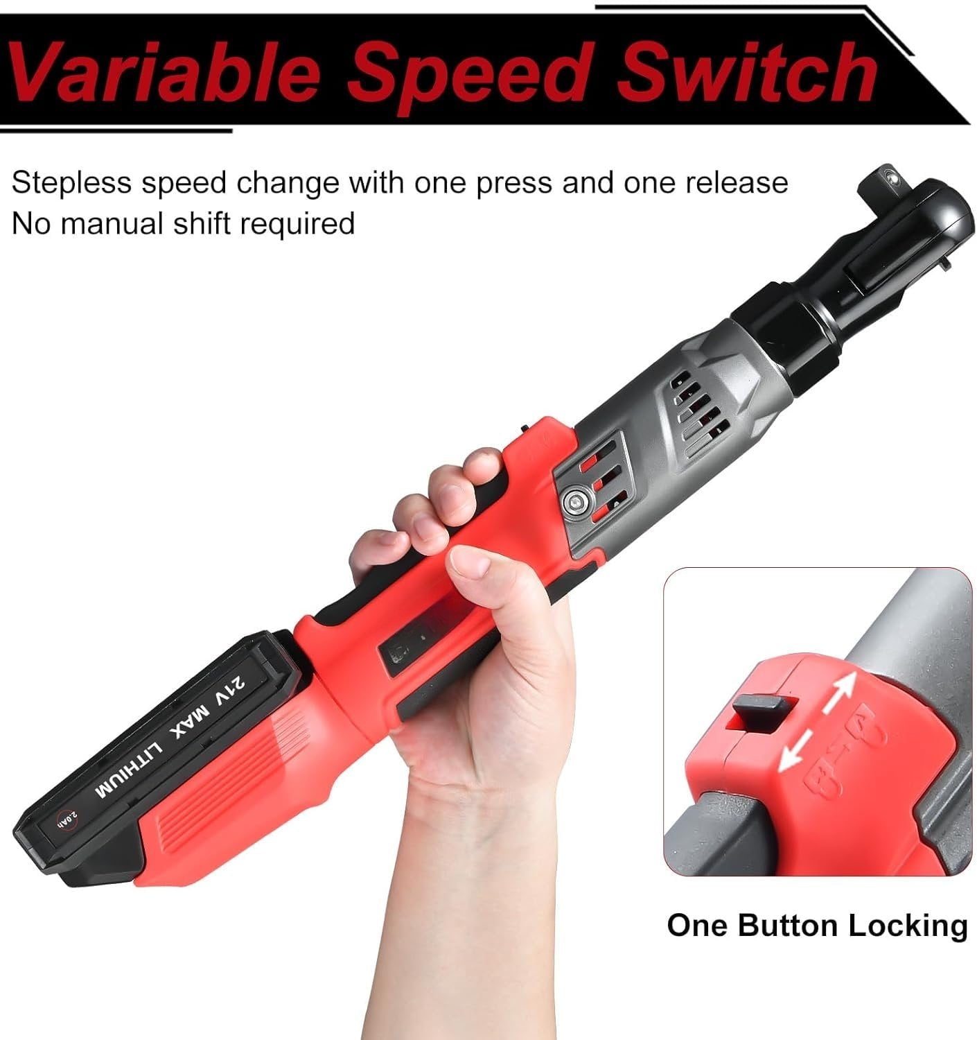 21V 1/2" Cordless Ratchet Wrench Kit-74 Ft-lbs Brushless  Power Ratchet with Variable Speed, 2X2000mAh Lithium- , , 8 Sockets, 1/4" &amp; 3/8" Adaptors, 3" Extension Bar