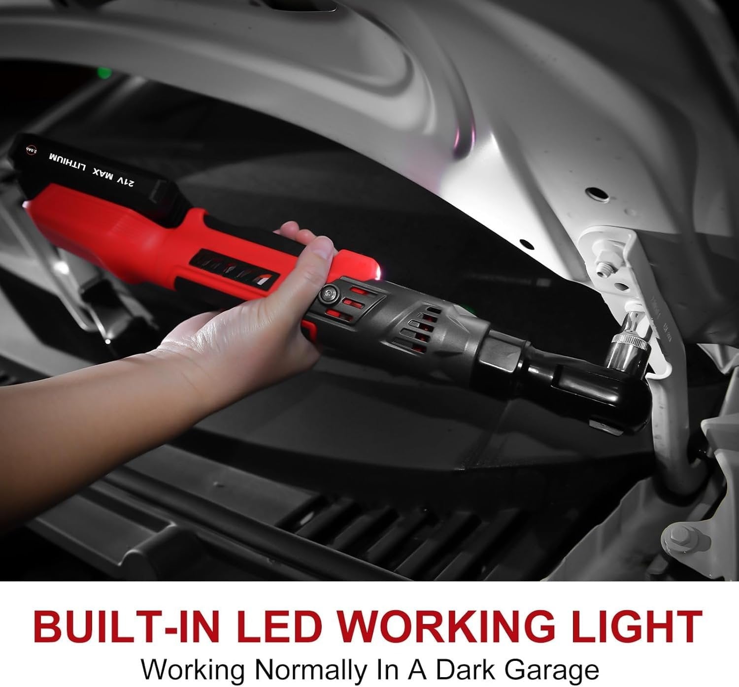 21V 1/2" Cordless Ratchet Wrench Kit-74 Ft-lbs Brushless  Power Ratchet with Variable Speed, 2X2000mAh Lithium- , , 8 Sockets, 1/4" &amp; 3/8" Adaptors, 3" Extension Bar