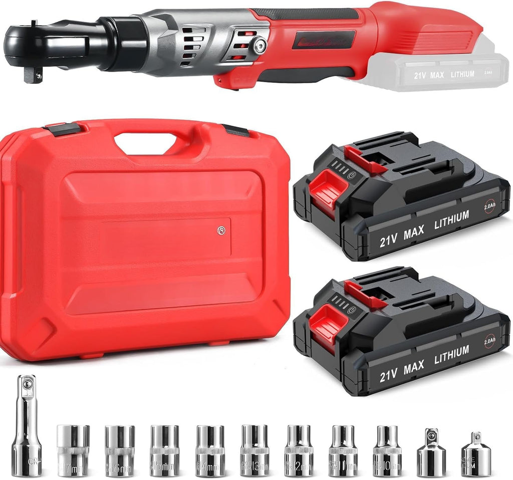 21V 1/2" Cordless Ratchet Wrench Kit-74 Ft-lbs Brushless  Power Ratchet with Variable Speed, 2X2000mAh Lithium- , , 8 Sockets, 1/4" &amp; 3/8" Adaptors, 3" Extension Bar