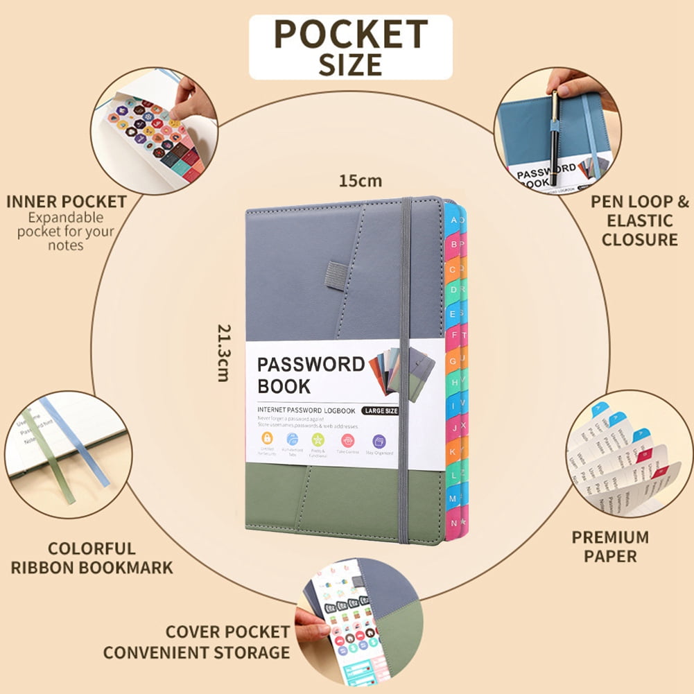 Password Book Journal with Alphabetical Tabs, Blue, 5.9" x 8.4", 115 Pages
