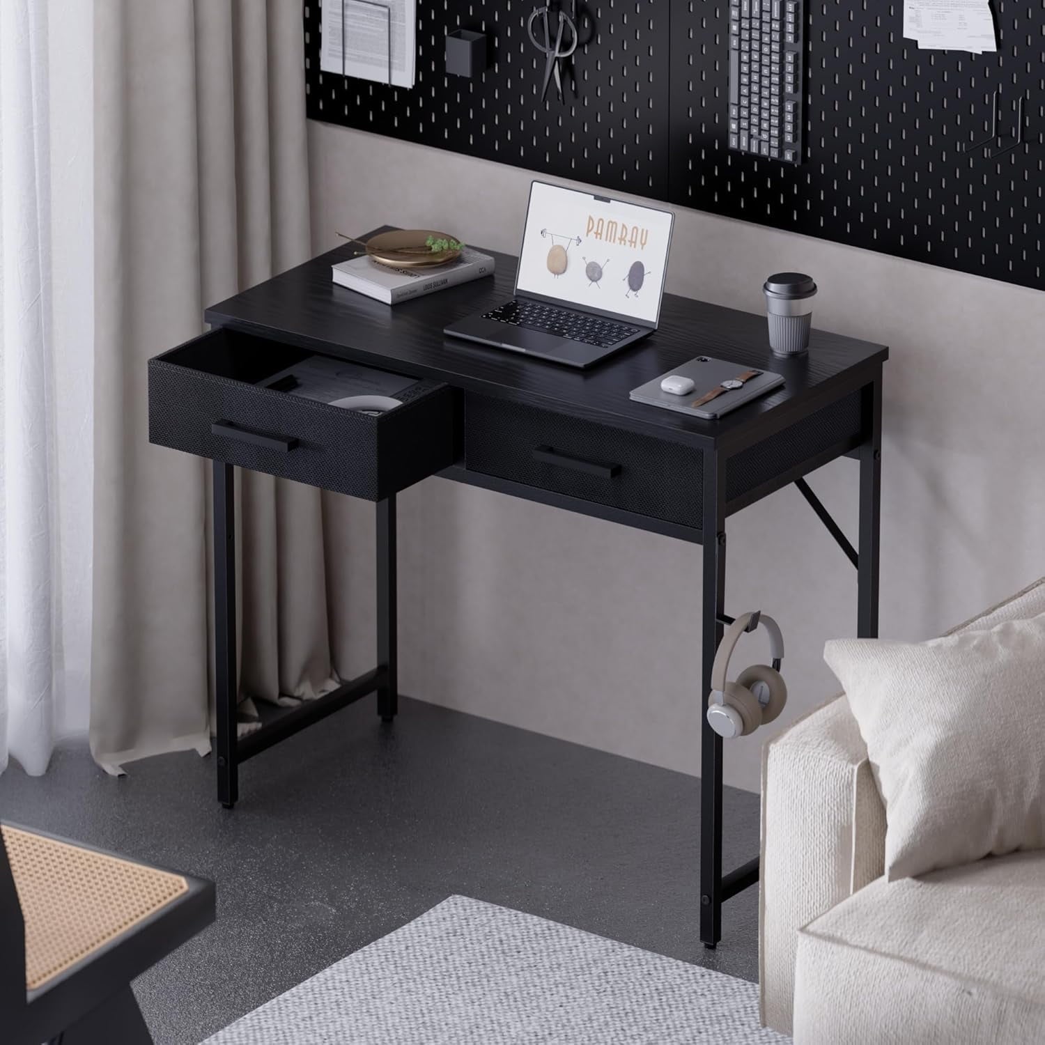 Small Computer Desk with 2 Drawers for Bedroom Study Writing Home Office Table for Small Spaces