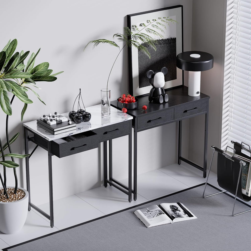 Small Computer Desk with 2 Drawers for Bedroom Study Writing Home Office Table for Small Spaces