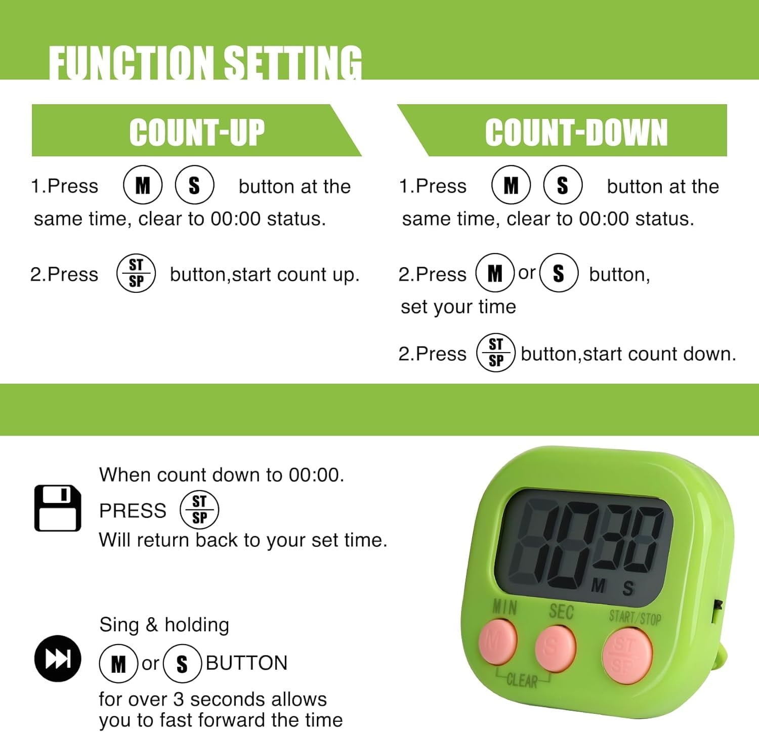 2 Pack Digital Kitchen Timer, Learning Management, Suitable for Kitchen, Study, Work, Exercise Training, Outdoor Activities(not Including Battery).