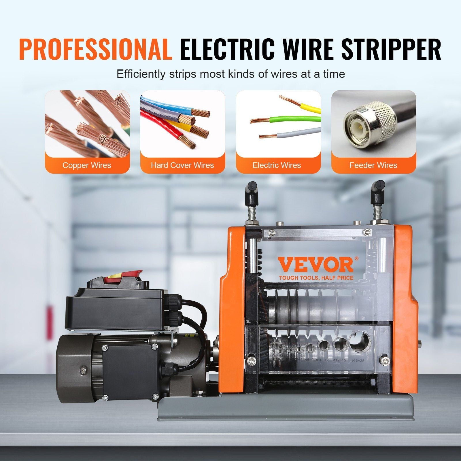 Electric Motorized Wire Stripping Machine, 0.06"-0.98" Adjustable, 60W, with 6 Round &amp; 1 Flat Channels for Scrap Copper Recycling