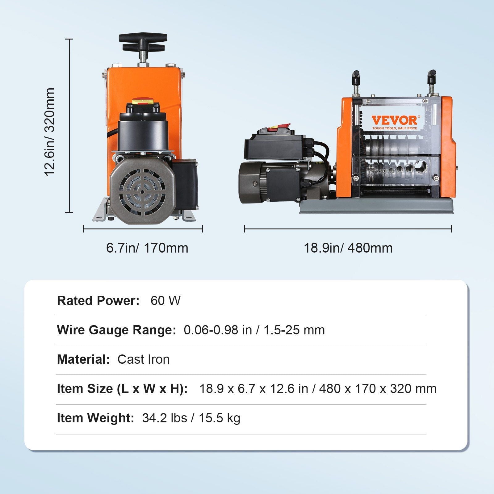 Automatic Wire Stripper with 6 Round &amp; 1 Flat Channels, 60W Motorized, Perfect for Scrap Copper Recycling