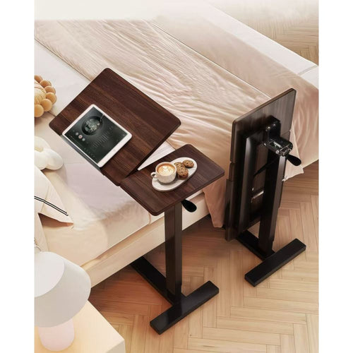 (UPGRADED) Overbed Bedside Desk, Mobile Rolling Laptop Stand Tilting Overbed Table with Wheels, Height Adjustable Tray Bedside Table for Laptop Bed Sofa, WALNUT