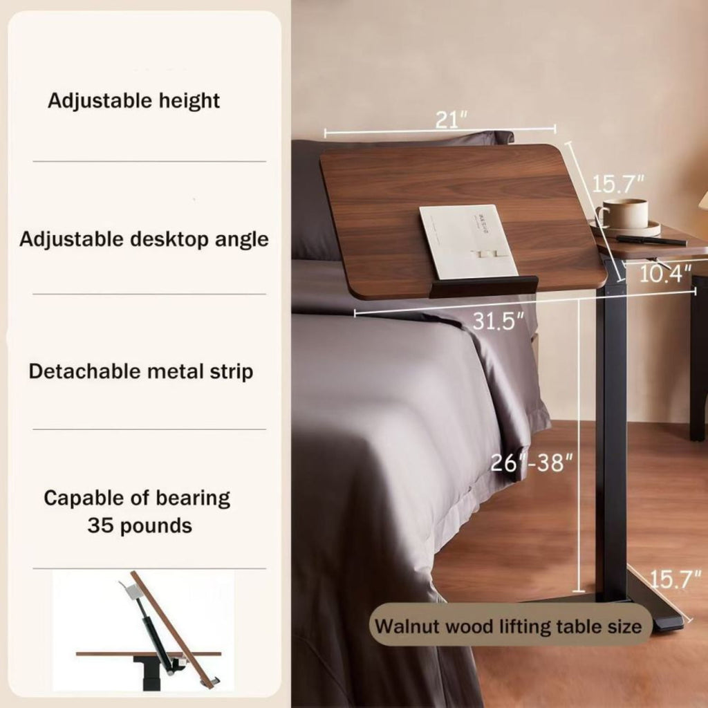 (UPGRADED) Overbed Bedside Desk, Mobile Rolling Laptop Stand Tilting Overbed Table with Wheels, Height Adjustable Tray Bedside Table for Laptop Bed Sofa, WALNUT
