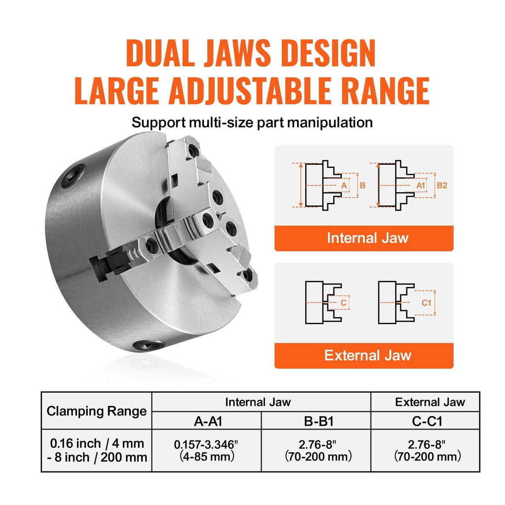 8 Inch 3-Jaw Lathe Chuck, Self-Centering Chuck, 4-200mm Clamping Range, with T-Key &amp; Wrench, for Metalworking, Milling, Drilling, 3D Printer