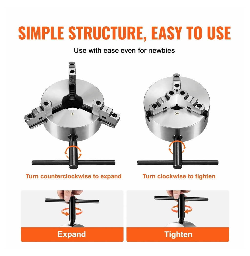 8 Inch 3-Jaw Lathe Chuck, Self-Centering Chuck, 4-200mm Clamping Range, with T-Key &amp; Wrench, for Metalworking, Milling, Drilling, 3D Printer