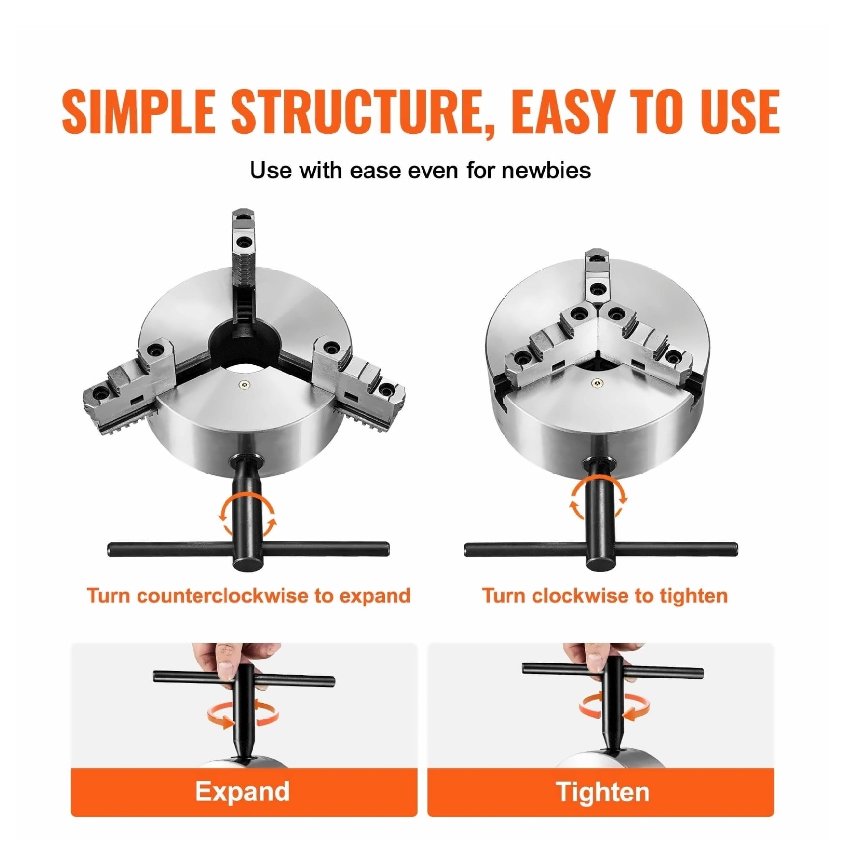 8 Inch 3-Jaw Lathe Chuck, Self-Centering Chuck, 4-200mm Clamping Range, with T-Key &amp; Wrench, for Metalworking, Milling, Drilling, 3D Printer