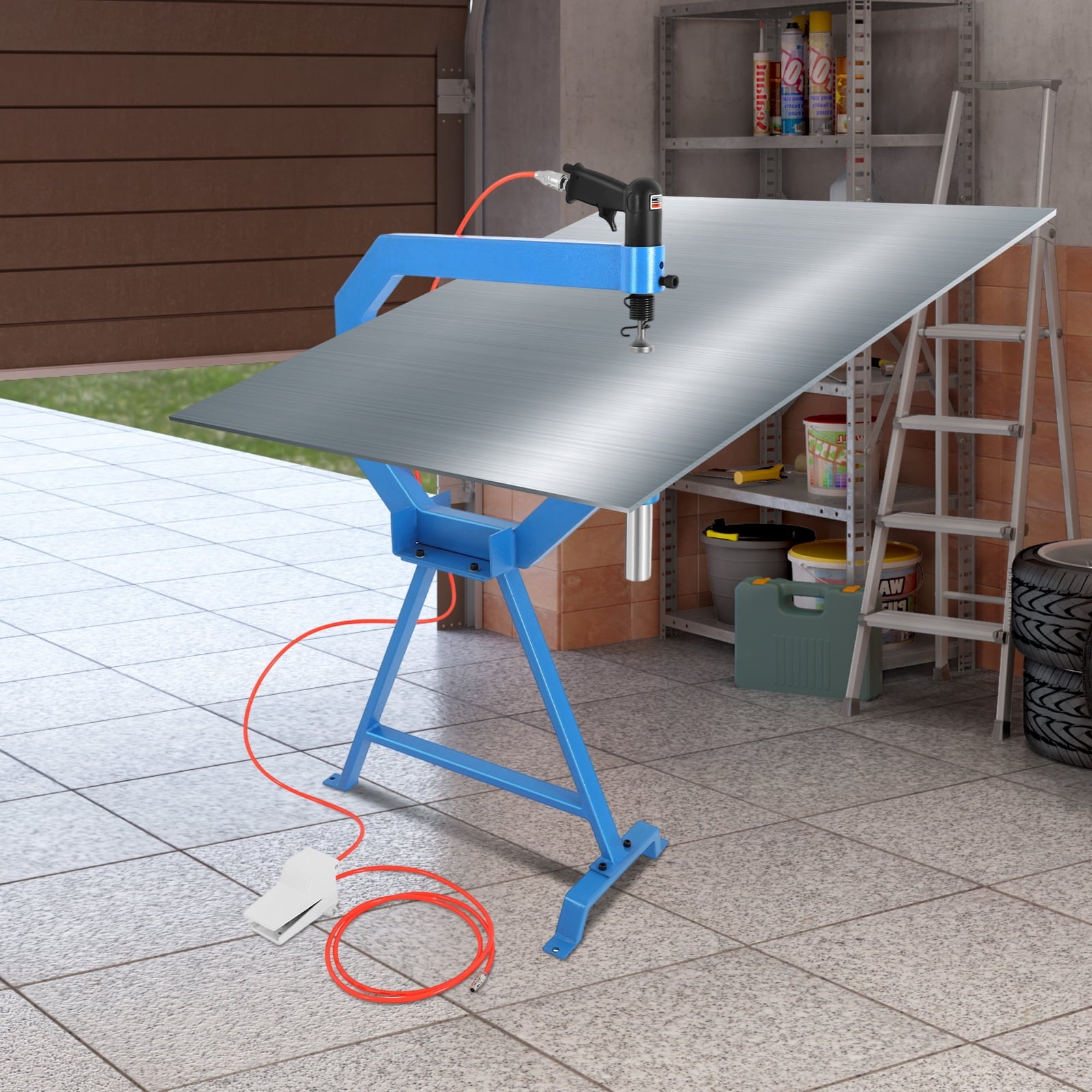 Pneumatic Planishing Hammer with 3 Anvils for Metal Sheet Repair - Air Powered, Heavy Duty for Steel, Aluminum, Brass, &amp; Stainless Steel - Foot Pedal Operated