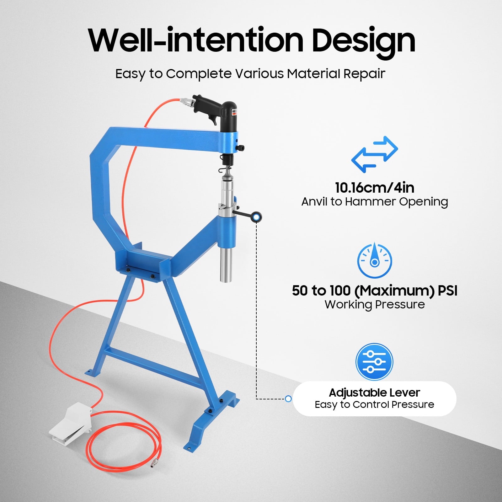 Pneumatic Planishing Hammer with 3 Anvils for Metal Sheet Repair - Air Powered, Heavy Duty for Steel, Aluminum, Brass, &amp; Stainless Steel - Foot Pedal Operated