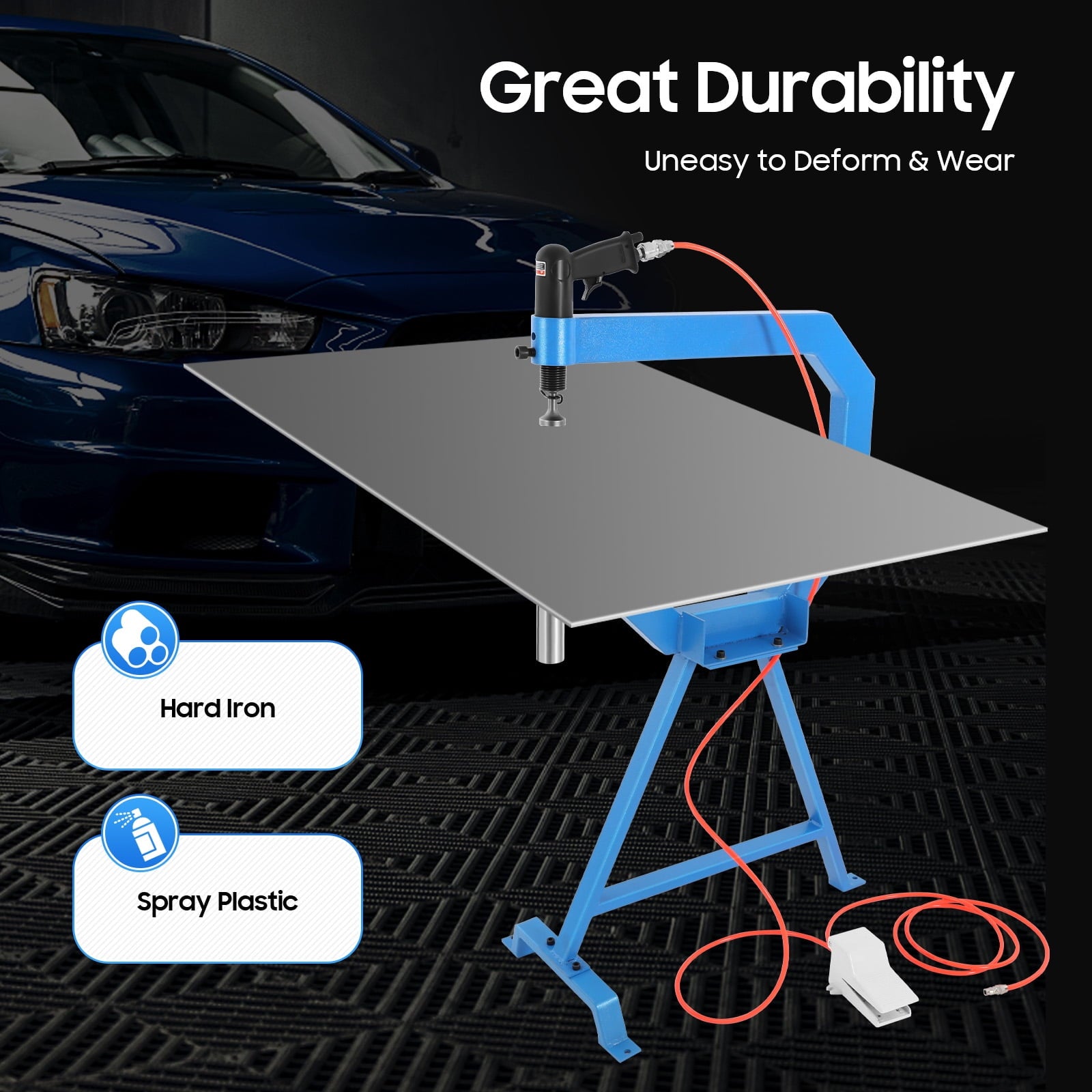 Pneumatic Planishing Hammer with 3 Anvils for Metal Sheet Repair - Air Powered, Heavy Duty for Steel, Aluminum, Brass, &amp; Stainless Steel - Foot Pedal Operated