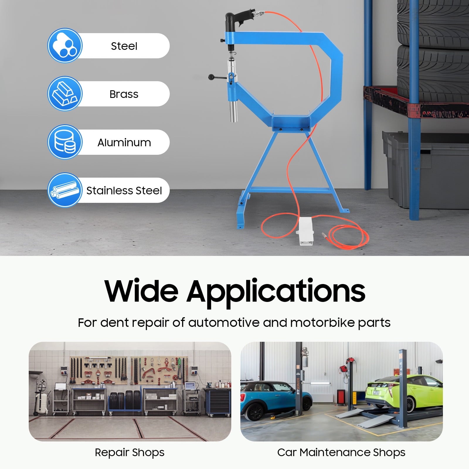 Pneumatic Planishing Hammer with 3 Anvils for Metal Sheet Repair - Air Powered, Heavy Duty for Steel, Aluminum, Brass, &amp; Stainless Steel - Foot Pedal Operated