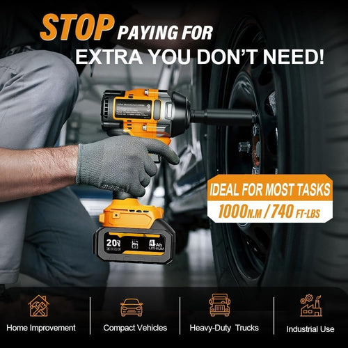 1000N.m Cordless Impact Wrench 1/2 inch,20V 740ft-lbs High Torque Impact  with 2 x 4.0 AH ,Sockets and Case,Brushless Power Impact Driver for Automotive and  Use