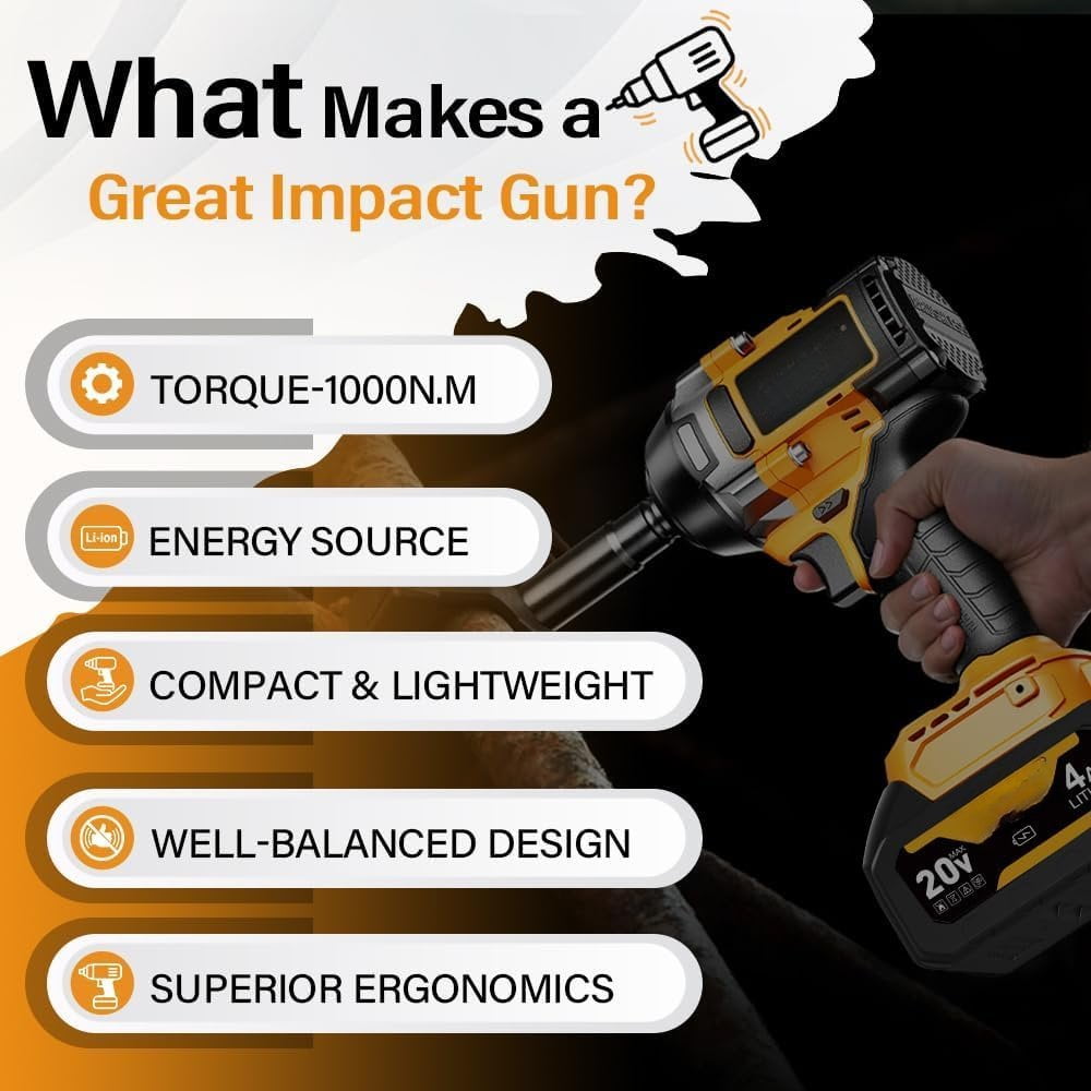 1000N.m Cordless Impact Wrench 1/2 inch,20V 740ft-lbs High Torque Impact  with 2 x 4.0 AH ,Sockets and Case,Brushless Power Impact Driver for Automotive and  Use