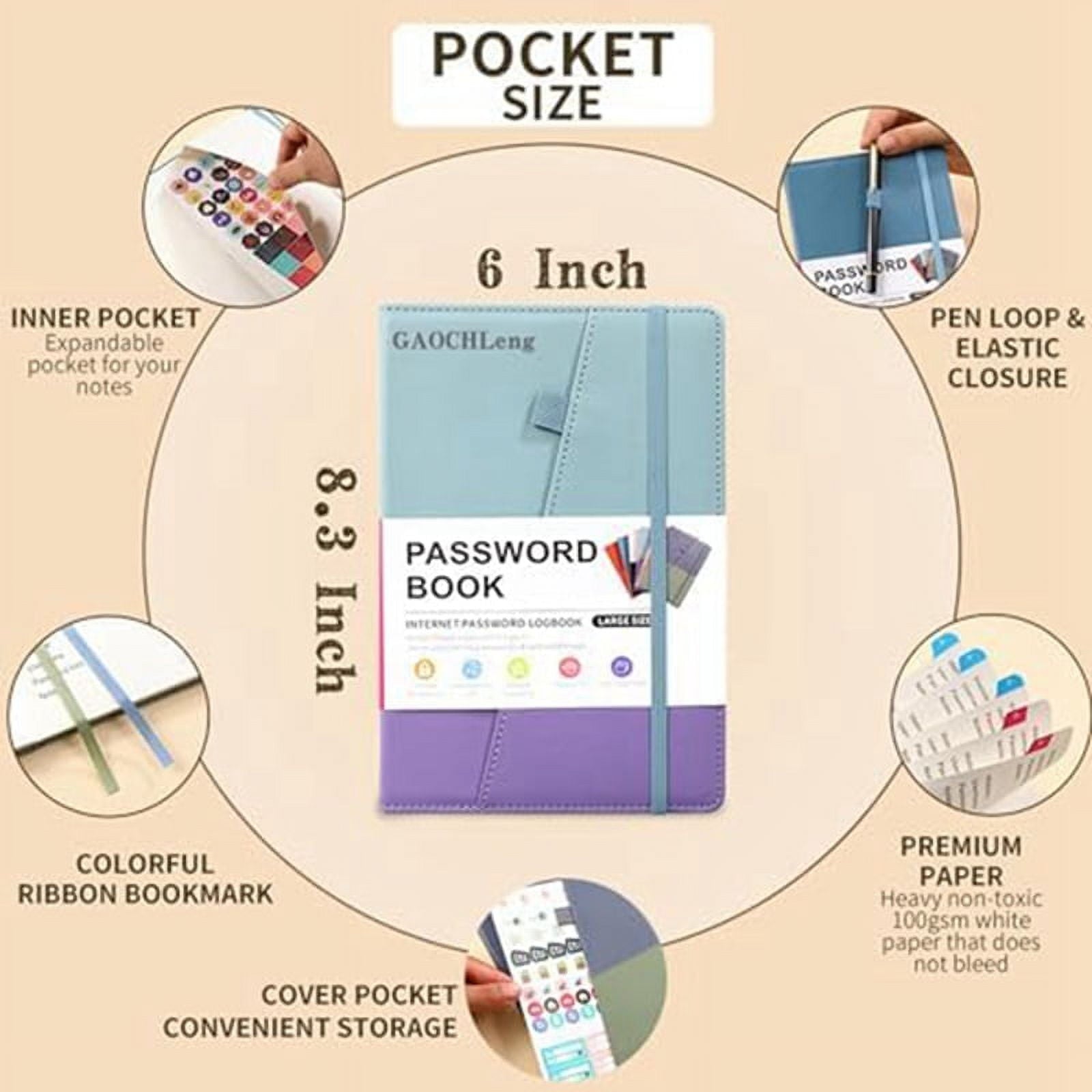 Password Keeper Book with Colorful Alphabetical Tabs and Two Bookmarks, for Seniors 8.4X5.9Inch, Internet Address D