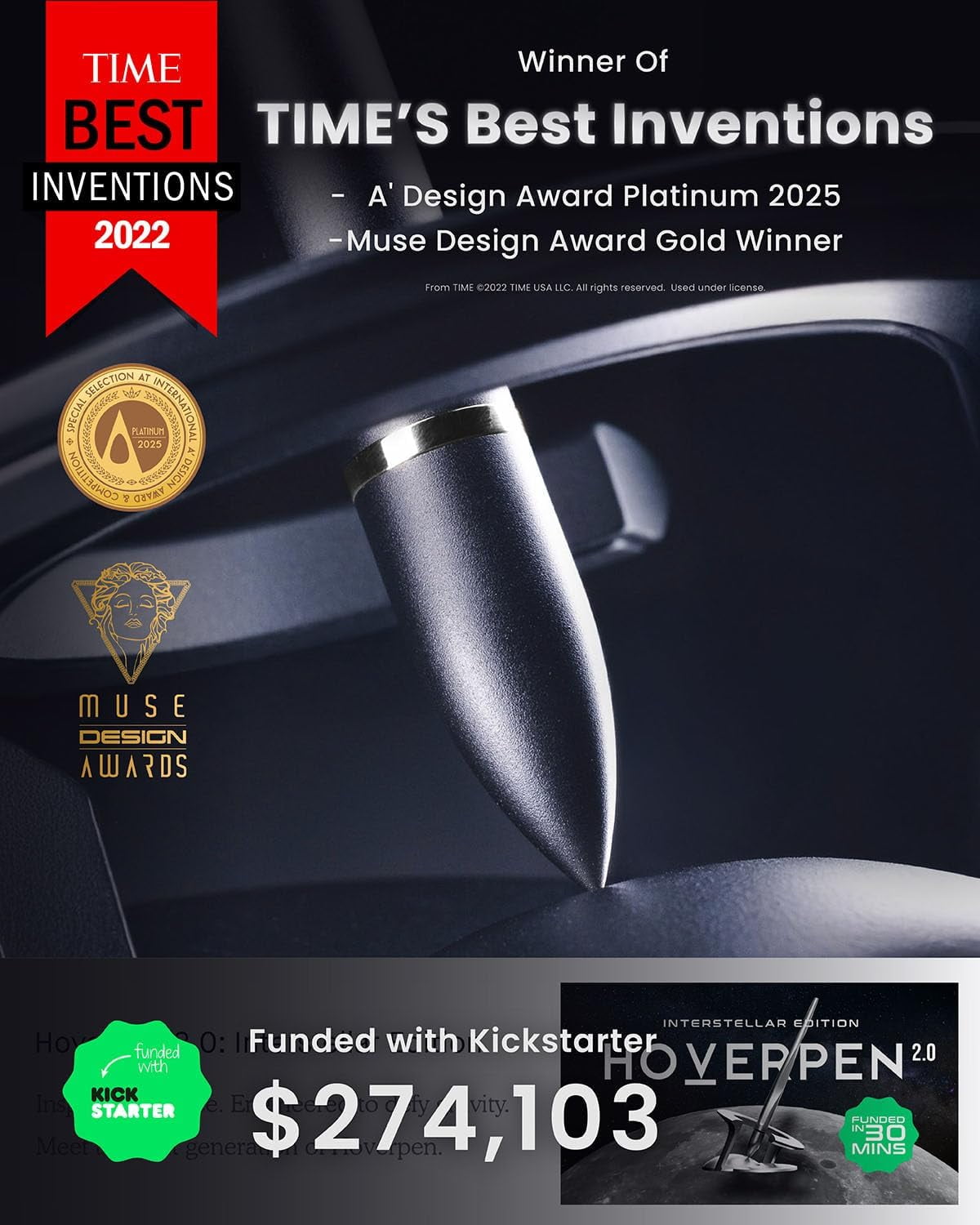 Hoverpen Interstellar - Space Black, Ballpoint Pen,  Conversational Starter,  Futuristic Design, Precision  Ink, Schmidt Ballpoint Cartridges