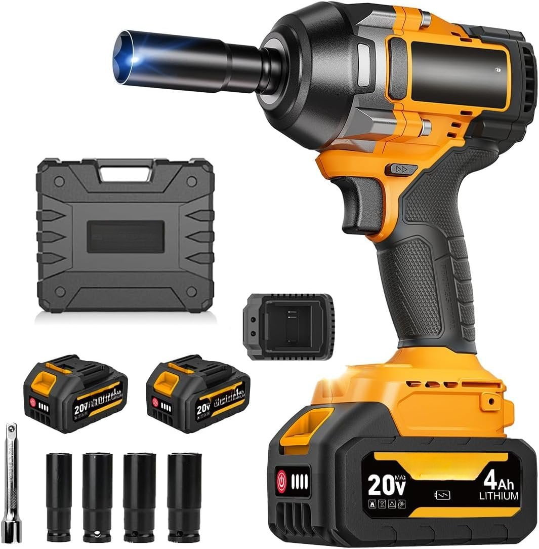 1000N.m Cordless Impact Wrench 1/2 inch,20V 740ft-lbs High Torque Impact  with 2 x 4.0 AH ,Sockets and Case,Brushless Power Impact Driver for Automotive and  Use