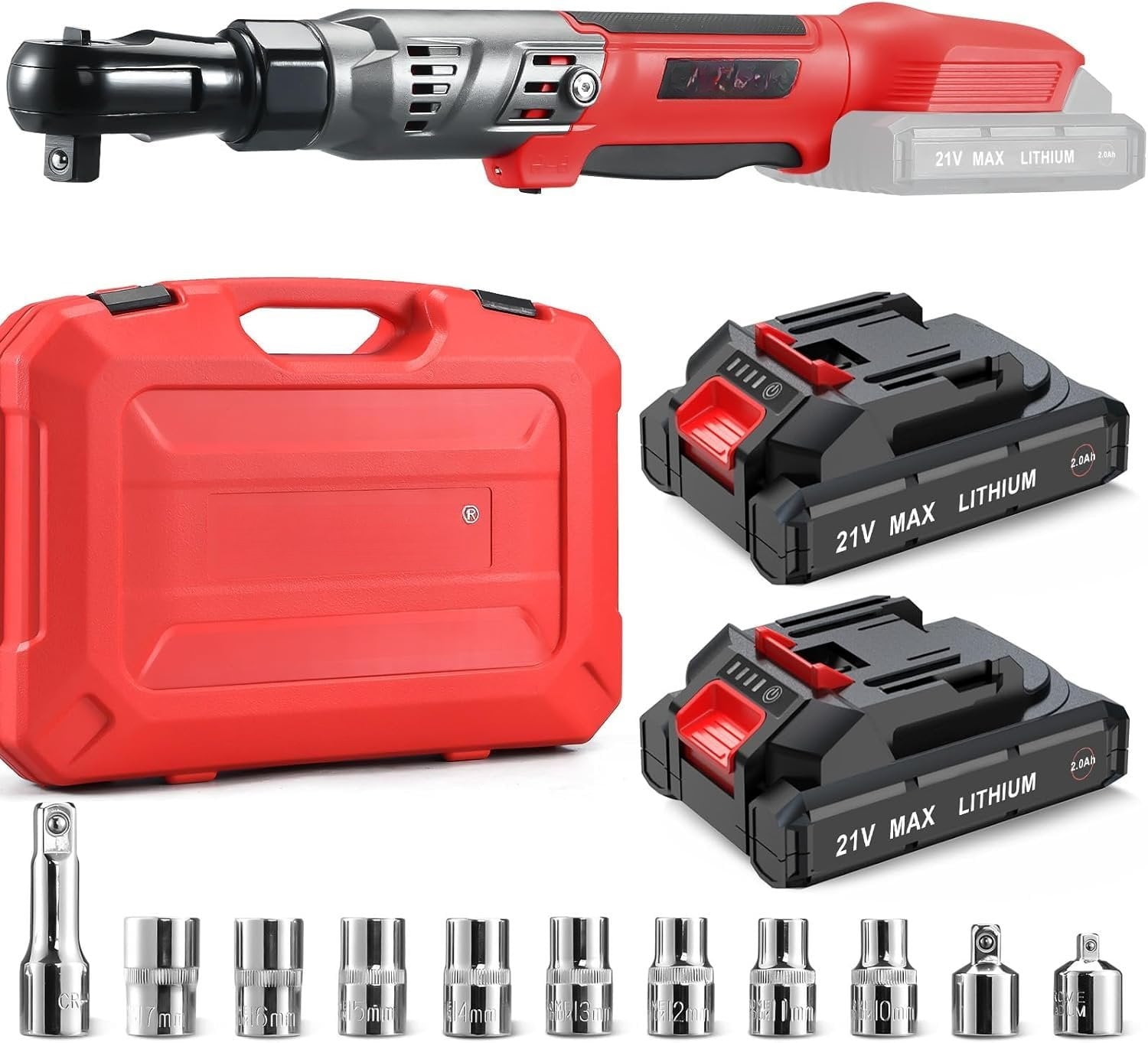 21V 1/2" Cordless Ratchet Wrench Kit-74 Ft-lbs Brushless  Power Ratchet with Variable Speed, 2X2000mAh Lithium- , , 8 Sockets, 1/4" &amp; 3/8" Adaptors, 3" Extension Bar